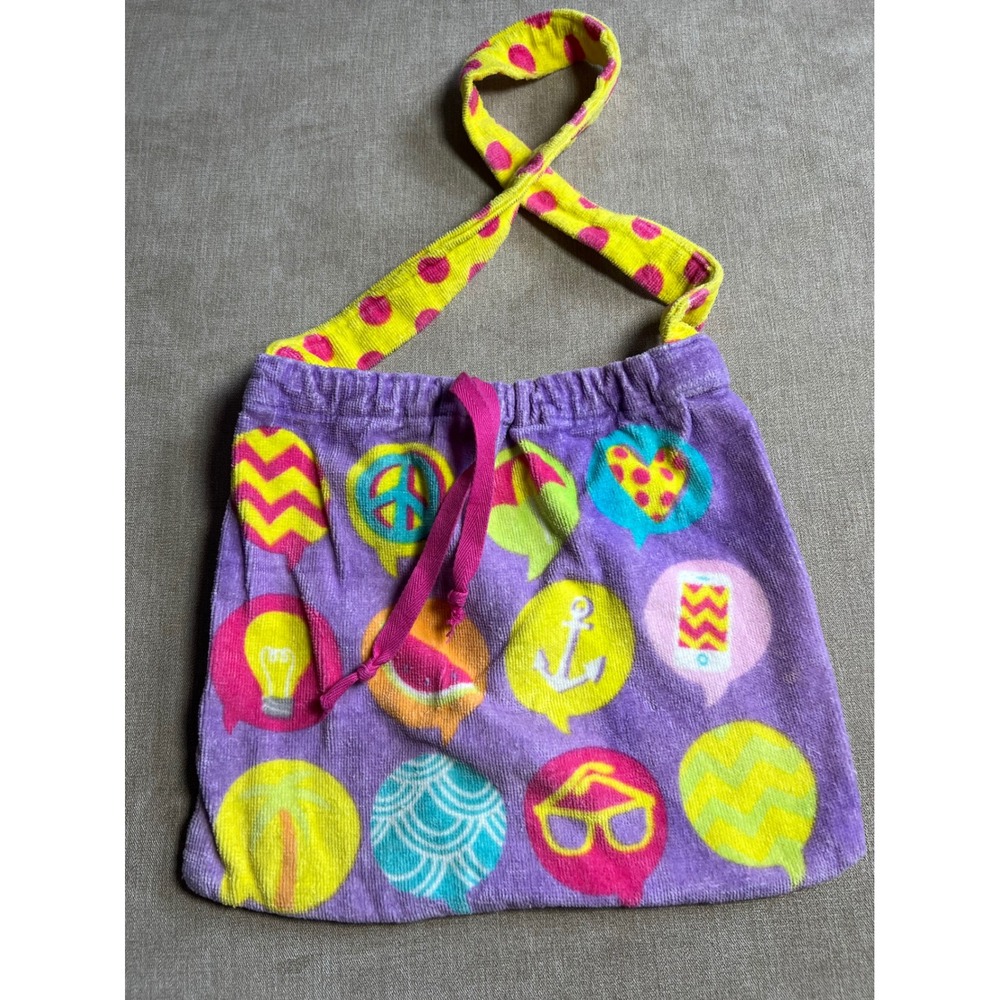 Kids Purple Terry Cloth Beach Bag Peace Anchor Icon Print Tote